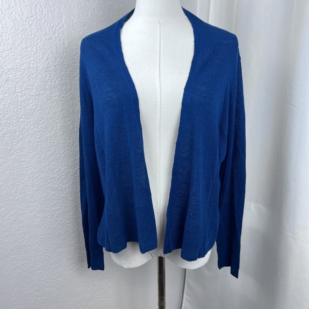 Eileen Fisher Sweater Womens Large Blue Open Cardigan Organic Linen Cotton